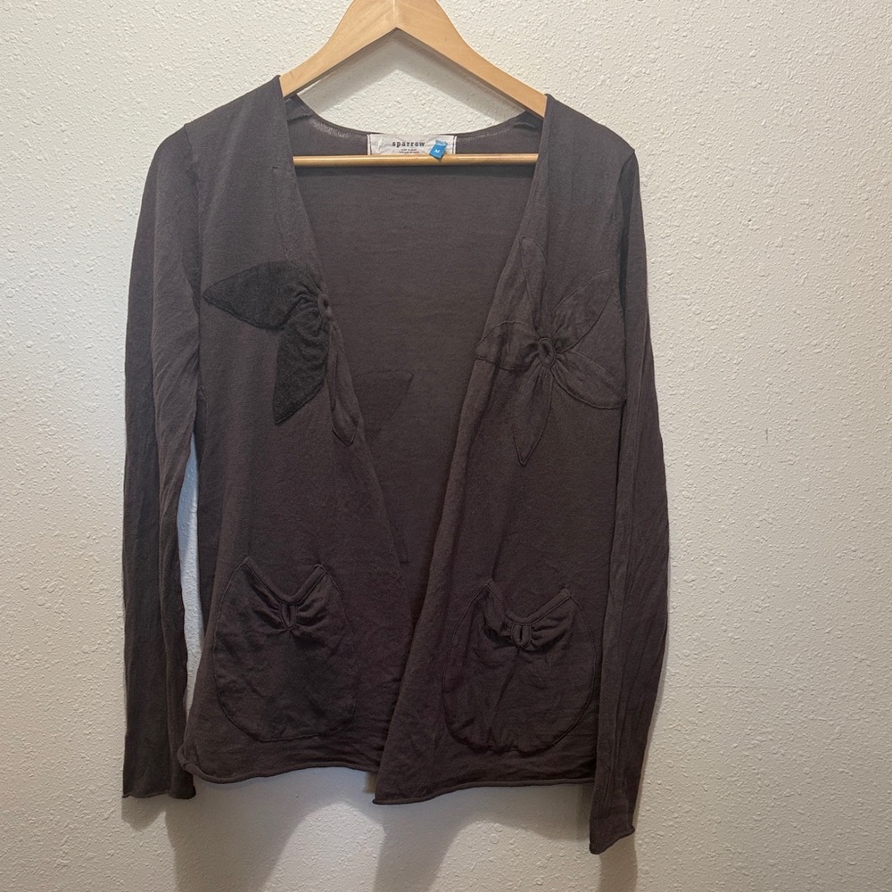 Sparrow Brown Cardigan with Flower Accents, Size M